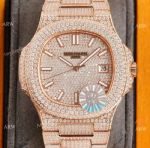 Swiss Grade Copy Patek Philippe Nautilus 9015 Ultra-thin Watch 40mm Full Diamond Dial All Rose Gold